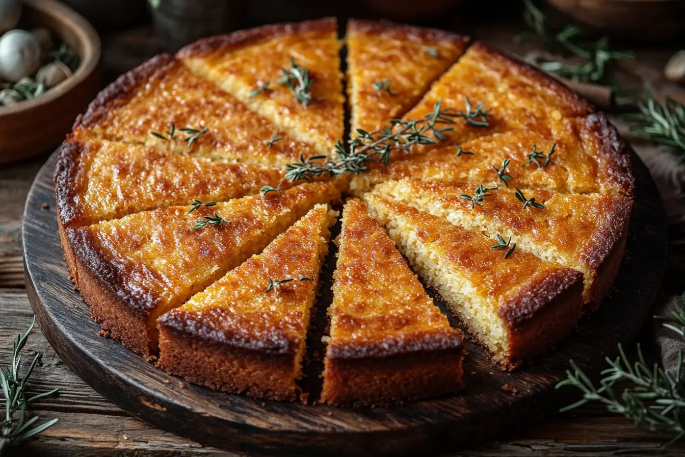 Freshly baked cornbread in a cast-iron skillet